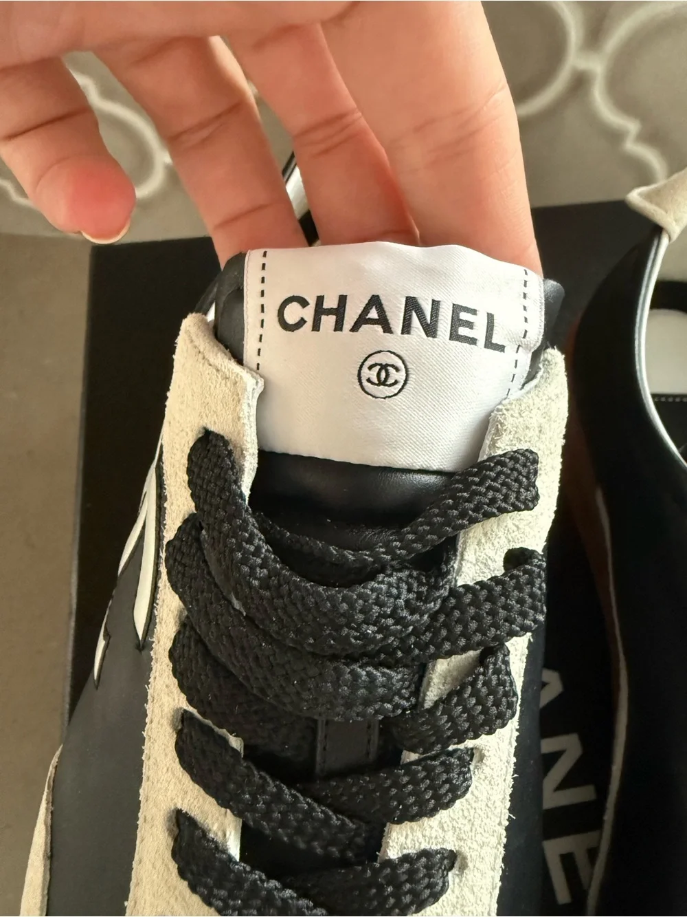 BNWT Chanel Black/White Calfskin & Embossed Suede Sneakers, Size 37